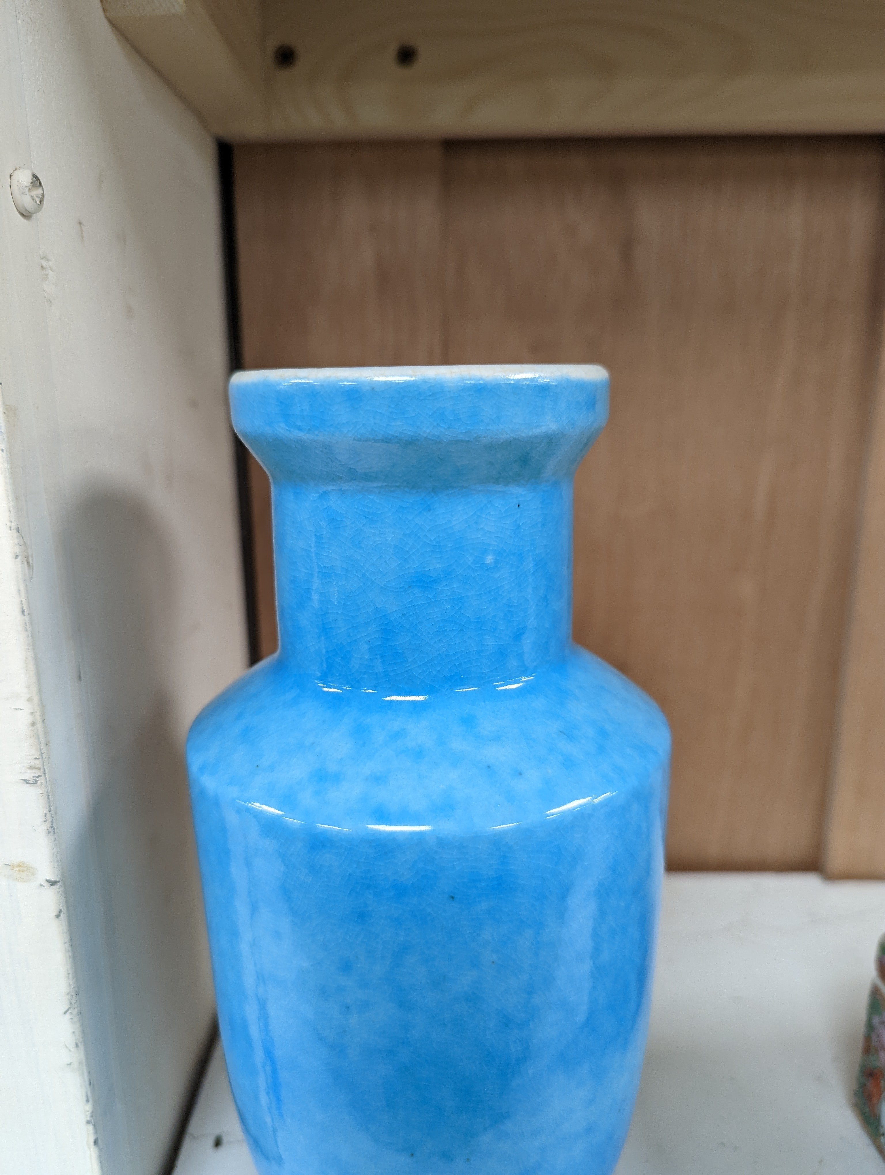 A Chinese turquoise glazed vase 22cm, with a fine crackle to the exterior glaze